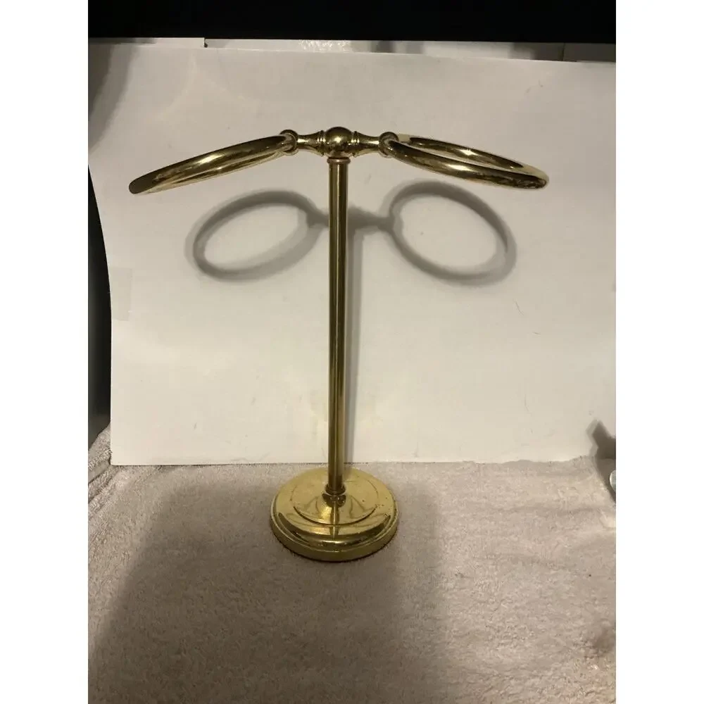 Vintage Brass Hand Towel Holder Stand Double Ring Bathroom Countertop MCM Gold
